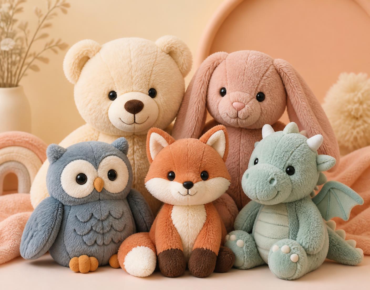 The MagicPals family: Lumi Bear, Pip Bunny, Ember Fox, Nox Owl and Zephyr Dragon